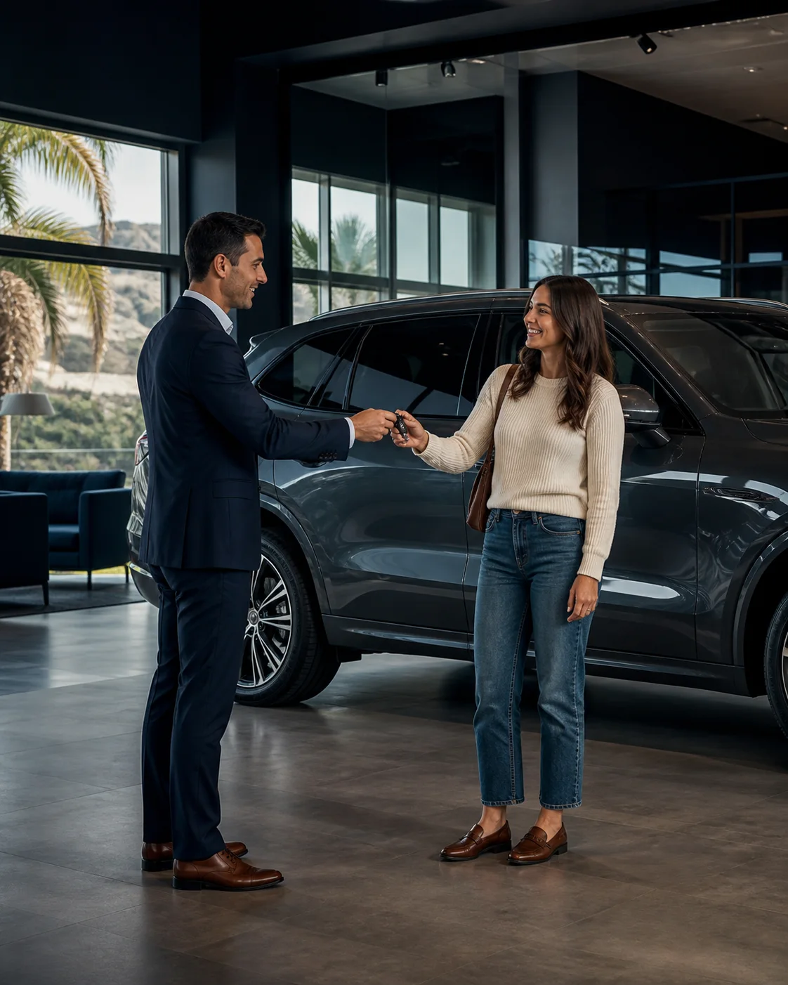 AutoDrive representative handing a vehicle key to a customer